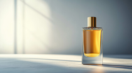 A bottle of gold perfume sitting against a light gray background.