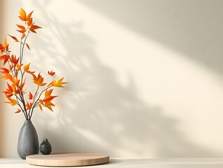 Minimalist 3D studio room interior with abstract background empty floor and wall product podium shadow overlay from window to countertop soft natural sunlight in a clean bright and serene mockup