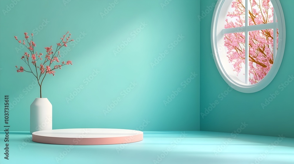 Poster minimal monochrome 3d studio room with empty floor wall and product display podium soft natural ligh
