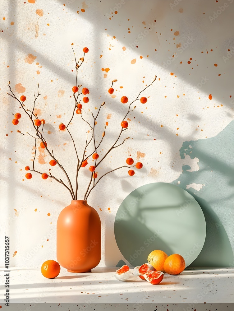 Poster minimalist 3d studio room with a sleek product podium geometric terrazzo background and a warm sunli