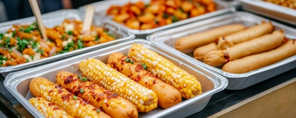 Korean street vendor with Korean corn dogs, trendy area, youthful crowd, fun street food, unique flavors