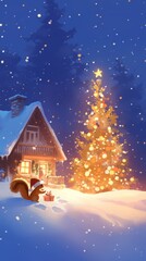 Fototapeta premium A funny squirrel wearing a Santa hat adds charm to a festive winter scene, where a cozy cottage glows with Christmas lights in a magical snow-covered landscape