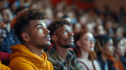 Obraz premium People in an audience attentively watching an event, faces illuminated by stage lights.