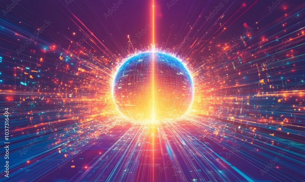 Aufkleber a vibrant digital depiction of a glowing sphere surrounded by light streams, creating a dynamic sens