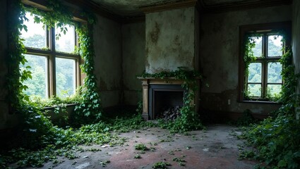 Eerie abandoned mansion with broken windows and overgrown vines
