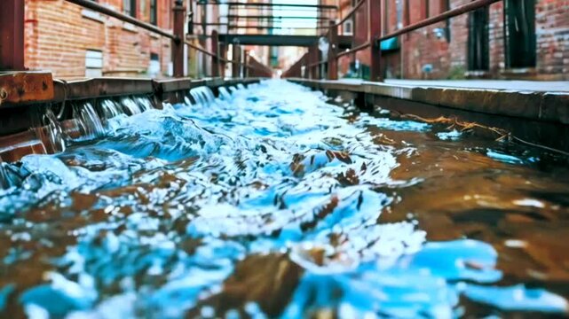 Close-up of water flowing through an urban canal lined with brick buildings and metal railings.