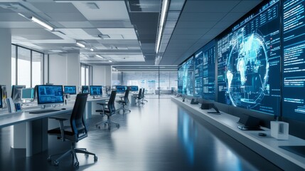 Fototapeta premium A modern AI-driven weather prediction center, sleek office with large data screens, Environmental style