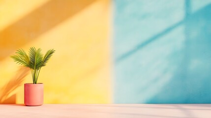 Efflorescent 3D studio scene with diverse hues minimalist floor and wall hosting product display interplay of soft shadows from window lighting up the surface sunbathed mockup
