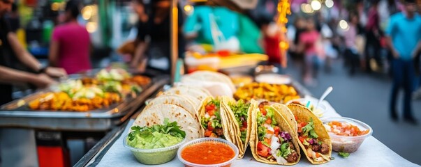 Street vendor with artisanal tacos, trendy city vibe, diverse crowd, gourmet street food, culinary fusion