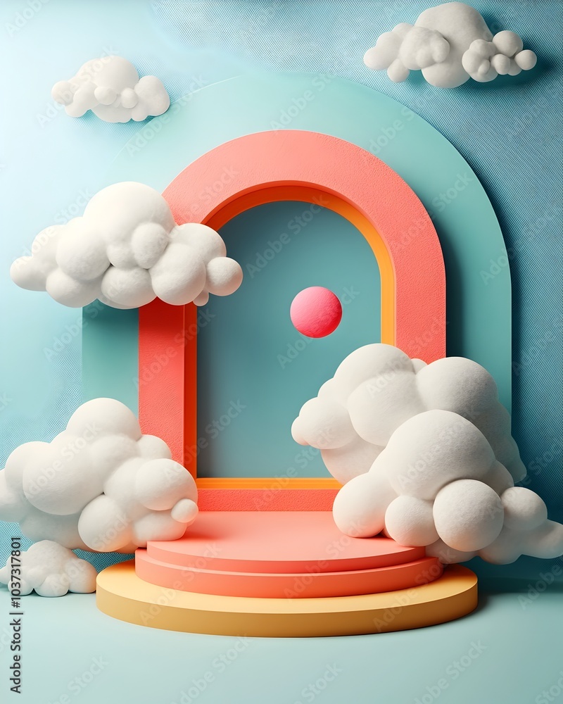Poster bright and airy 3d studio scene with wispy cloud background clean white walls and floor central prod