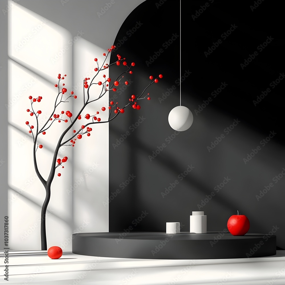 Poster minimalist 3d studio scene with stark black and white decor an empty podium for product display and 