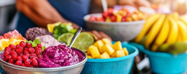 Street vendor with Brazilian acai bowls, vibrant setup, exotic flavors, superfood street food, tropical flavor