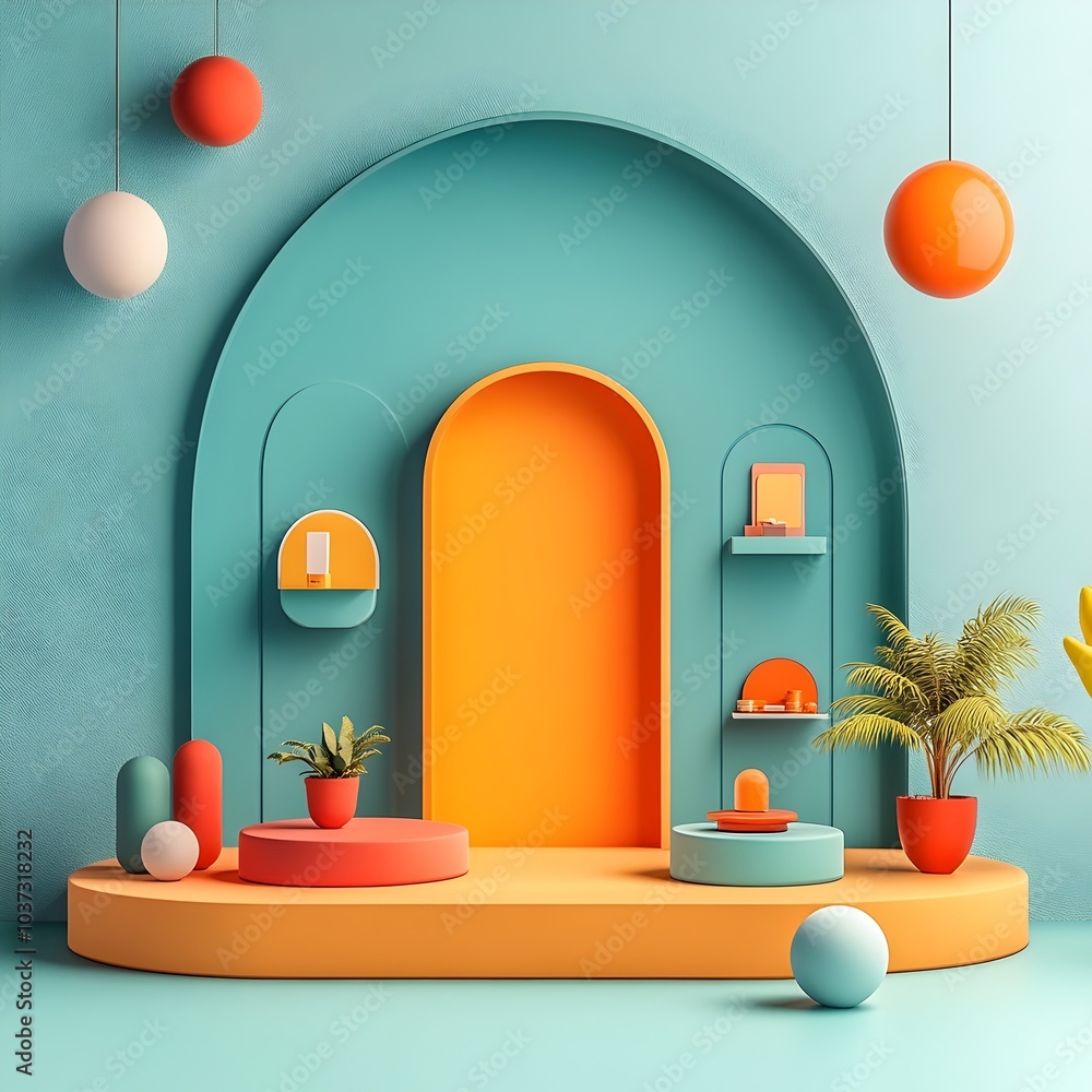 Poster vibrant 3d studio scene featuring a clean minimalist design with a central product display on a rais