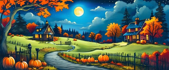 Halloween Landscape with a Cabin and a Path with Pumpkins