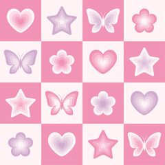 Y2k seamless pattern with butterflies, flowers, stars and hearts. Retro checkered pink background. Vector illustration. Abstract texture for fabric, textile, print.