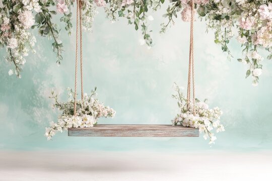 A whimsical digital composite background with a wooden swing adorned with soft floral accents in delicate pastel hues, perfect for newborn photography and text placement