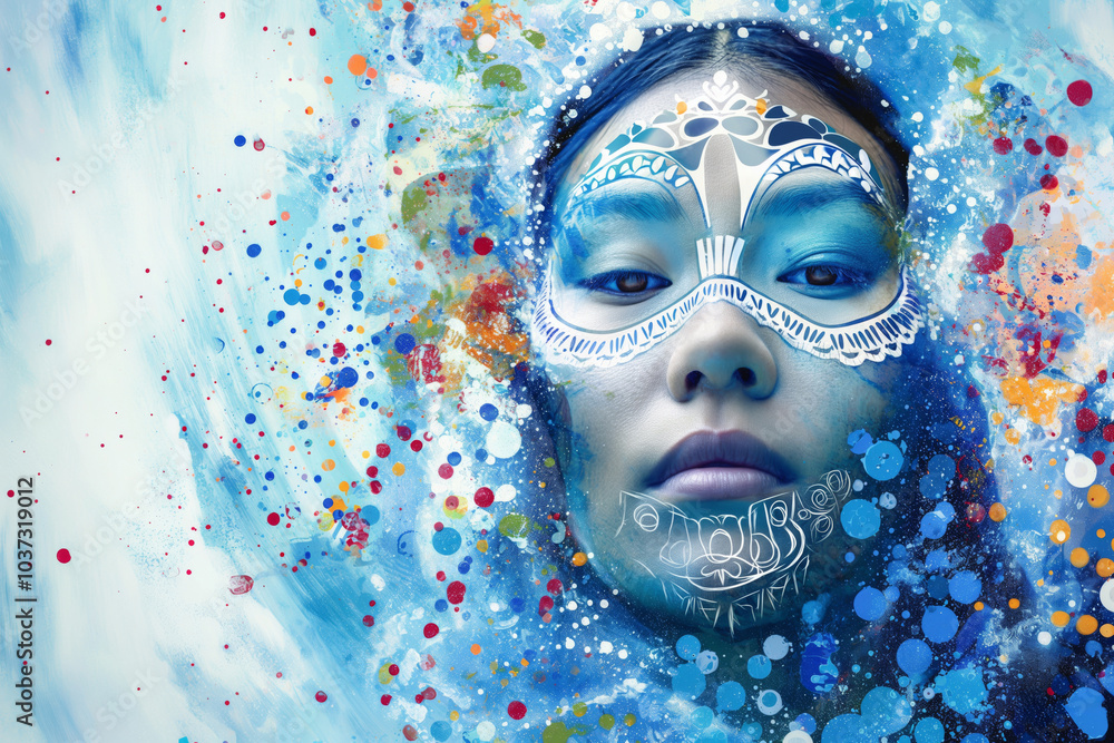 Poster a vibrant depiction of a woman's face adorned with abstract patterns, merging with a dynamic splash 