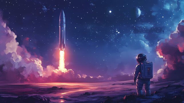 Astronaut witnessing rocket launch on alien planet, digital art, space, rocket launch, astronaut , alien planet , space exploration , digital painting. Starship Launch. Illustration