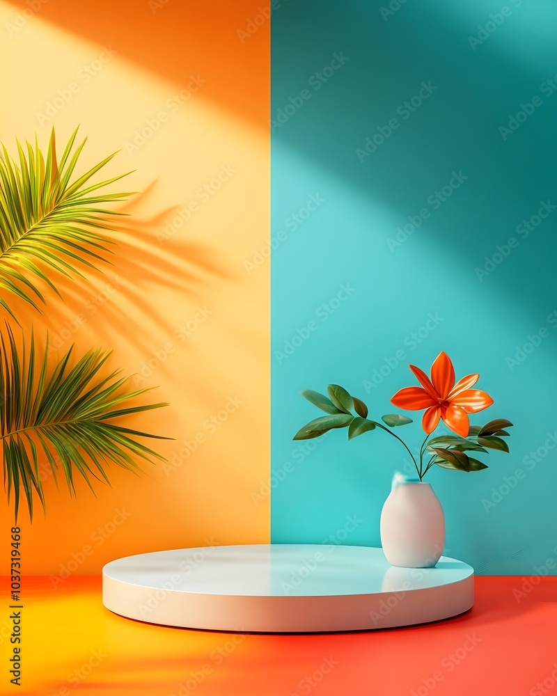 Poster sleek 3d studio space with vivid gradient wall and floor central product platform directional shadow