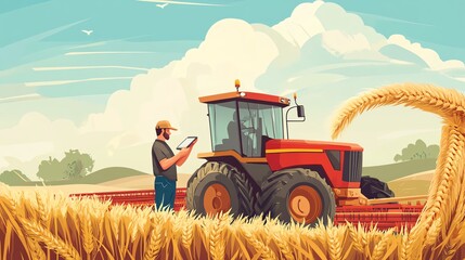 Farmer using tablet near tractor in golden wheat field under a clear blue sky.