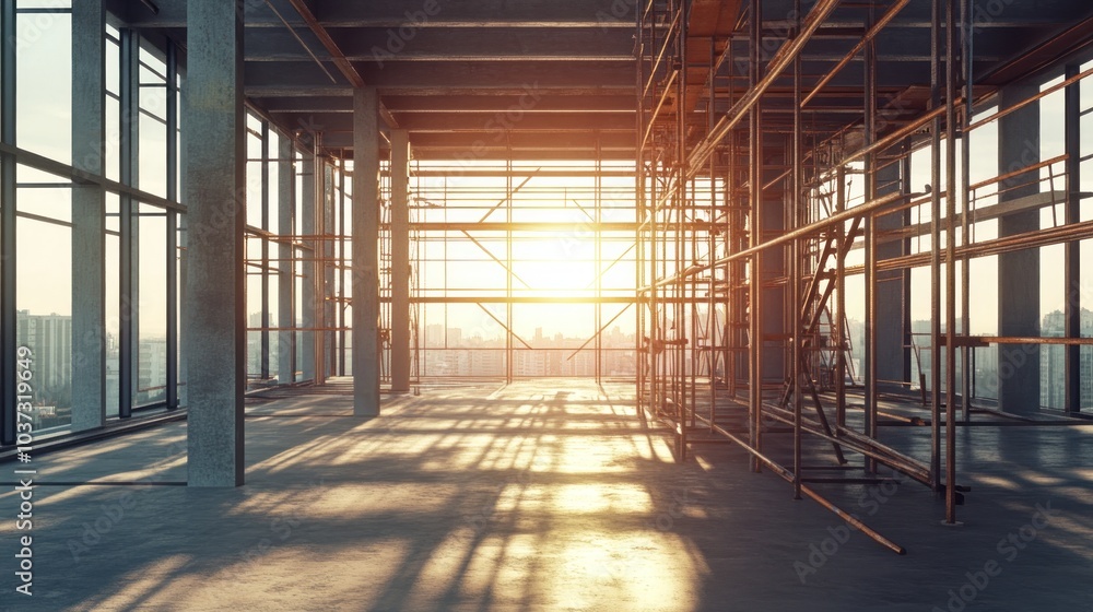 Poster an unfinished interior space with scaffolding and large windows, capturing a sunset view.