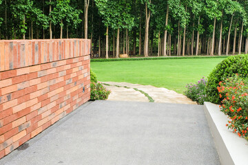 Beautiful pathway in the sunshine with flower garden,Wood path in In Spring Deep Forest,national park,Deep forest pathway,Stairs going up hillside in green rain forest,space for text.