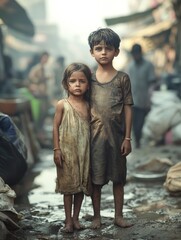 Two children are standing in a dirty environment, one wearing a dress