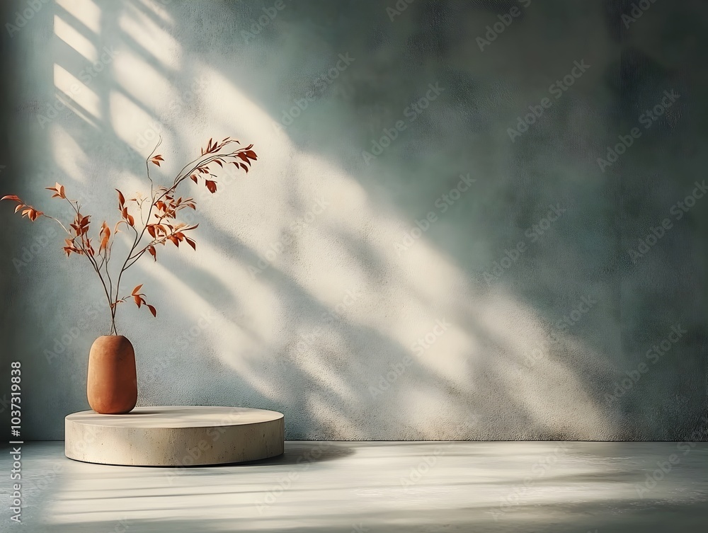 Poster sleek 3d studio space featuring a polished marble floor and backdrop a central product display podiu