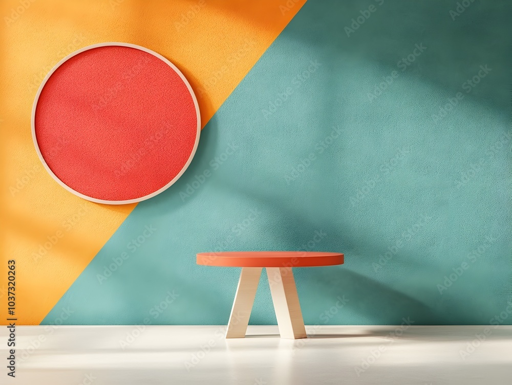 Poster vibrant 3d studio space with colorful accents sleek product pedestal on minimalist floor and walls s