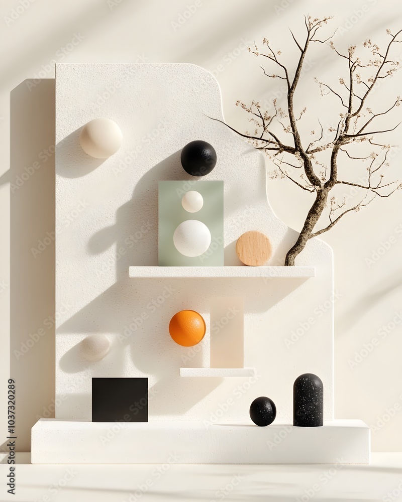 Poster minimalist 3d studio setting featuring clean white surfaces abstract typographic decor elements and 