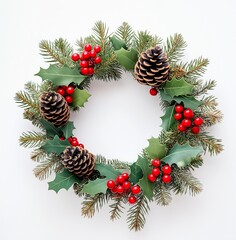 Fototapeta premium Christmas wreath made of fir tree and cones isolated on white. Christmas decorations