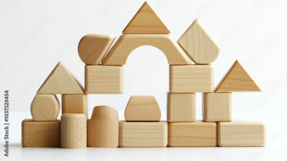 Aufkleber a colorful arrangement of wooden building blocks forming various shapes and structures.