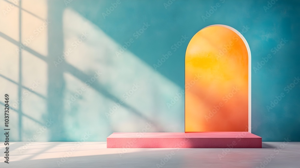 Poster stunning iridescent 3d studio space with chromatic backdrop sparse floor and wall product platform d