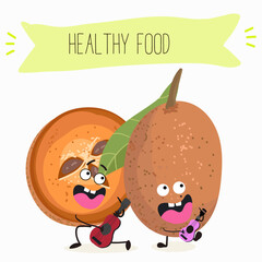 Cute sapodilla characters, funny fruits, different activities. Flat vector illustration. Organic food, healthy food, illustrations for kids menu, invitations.