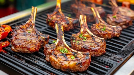 Street vendor with grilled lamb chops, Middle Eastern setting, smoky flavors, local charm, gourmet street food, culinary experience