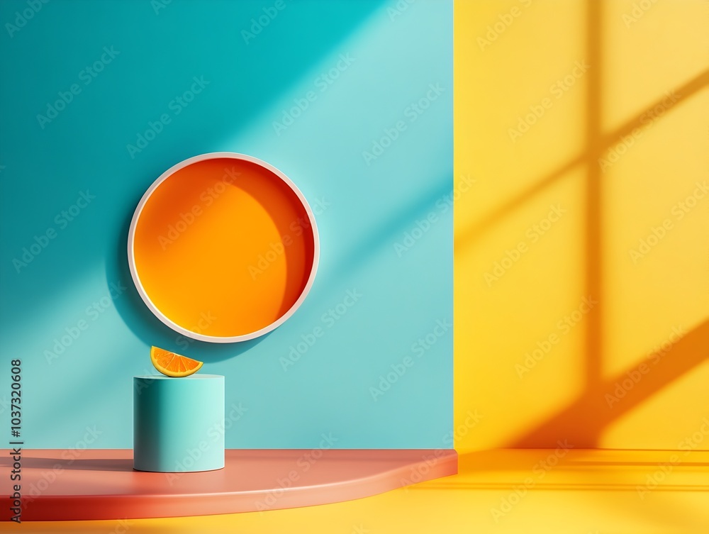 Poster vibrant 3d studio space with colorful accents and a sleek product pedestal on a minimalist floor sof