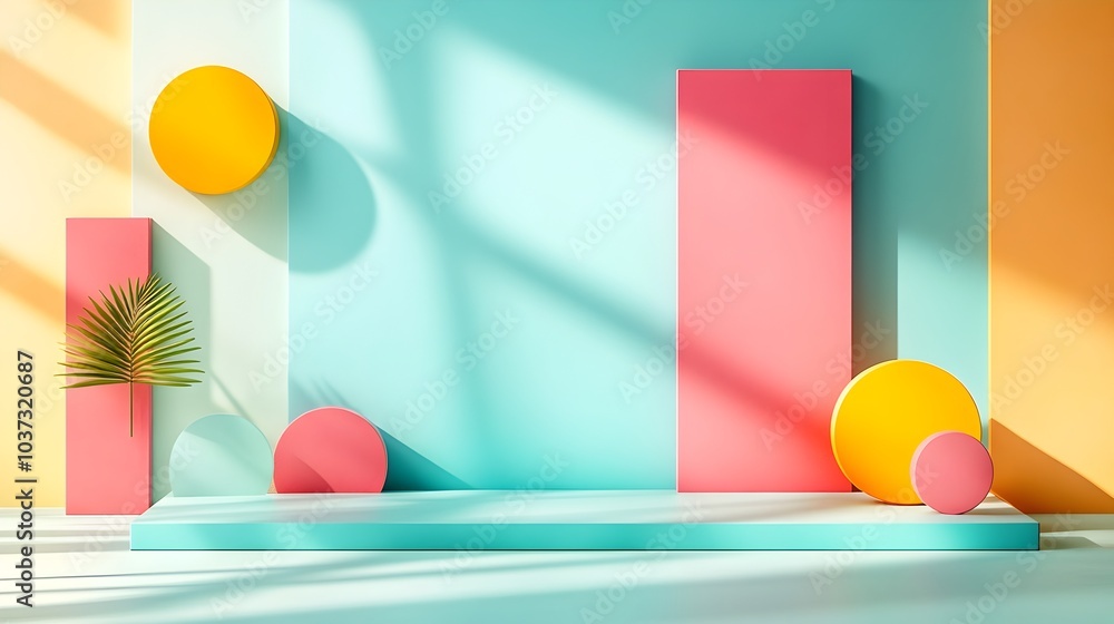 Poster variegated 3d studio scene featuring a diverse palette uncluttered floor and wall hosting a product 