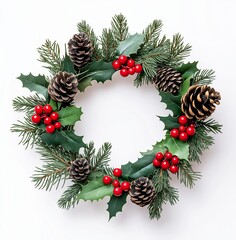 Fototapeta premium Christmas wreath made of fir tree and cones isolated on white. Christmas decorations