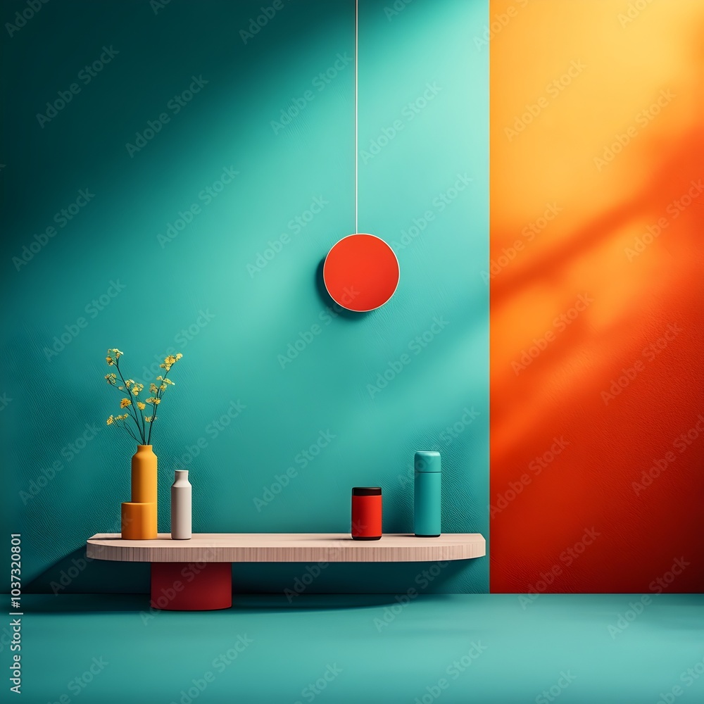 Poster vibrant 3d studio setting with a variety of saturated hues sparse floor and wall showcasing product 