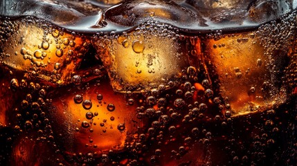 Close up of ice cubes in a glass of cola with bubbles.