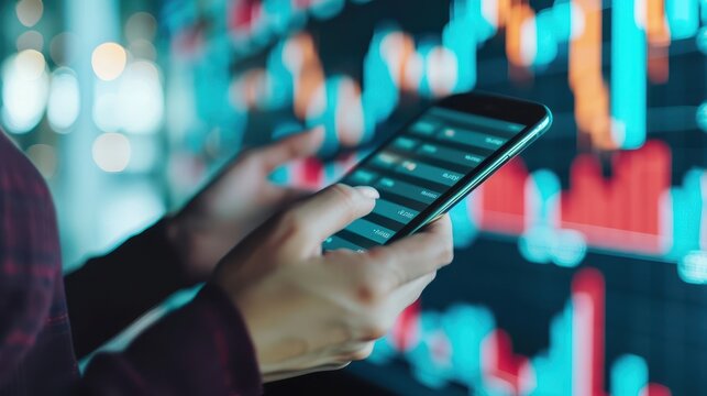 Close-up of hands holding a smartphone with a stock market screen in the background, analyzing financial data and trends.