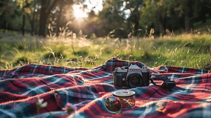 A picnic blanket with a camera and a lens cap on it