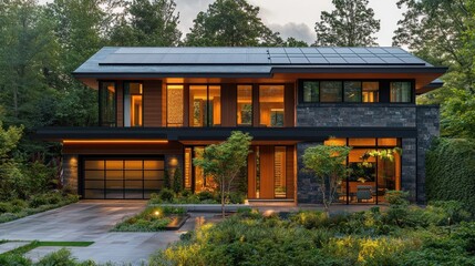 Naklejka premium Modern House with Stone Facade and Solar Panels