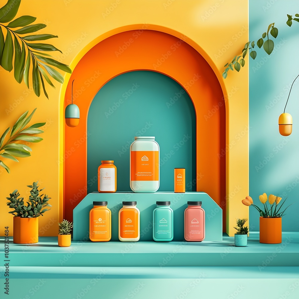 Poster vibrant and airy 3d studio scene featuring a central product display clean lines and an interplay of