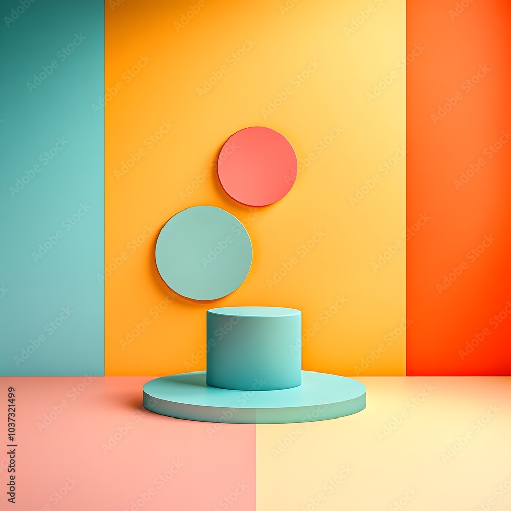 Poster vibrant 3d studio scene showcasing a sleek glossy product display with an eclectic chromatic palette