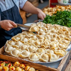 Street vendor with pierogi stand, Eastern European vibe, rustic market, warm flavors, traditional street food, comfort snack