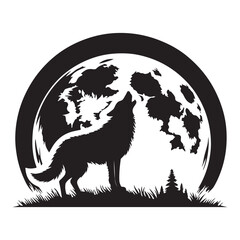Wolf howling at the moon  silhouette vector  black color white background 