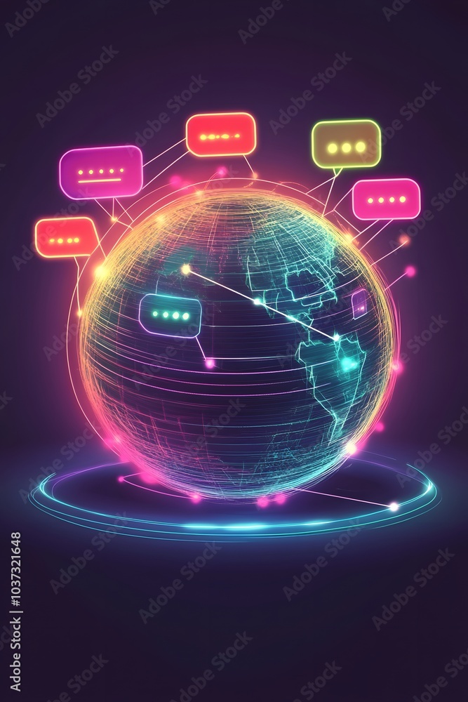 Poster a vibrant, digital globe surrounded by colorful chat bubbles, symbolizing global communication and c