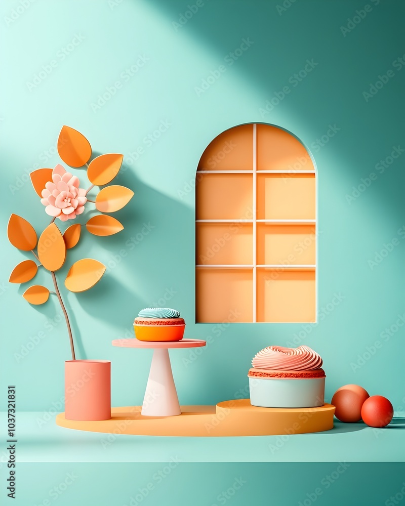Poster vibrant 3d studio setting with kaleidoscopic elements and contrasting window shadows across the tabl