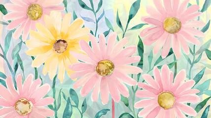 Watercolor floral background with daisies and copy space for Valentine's Day